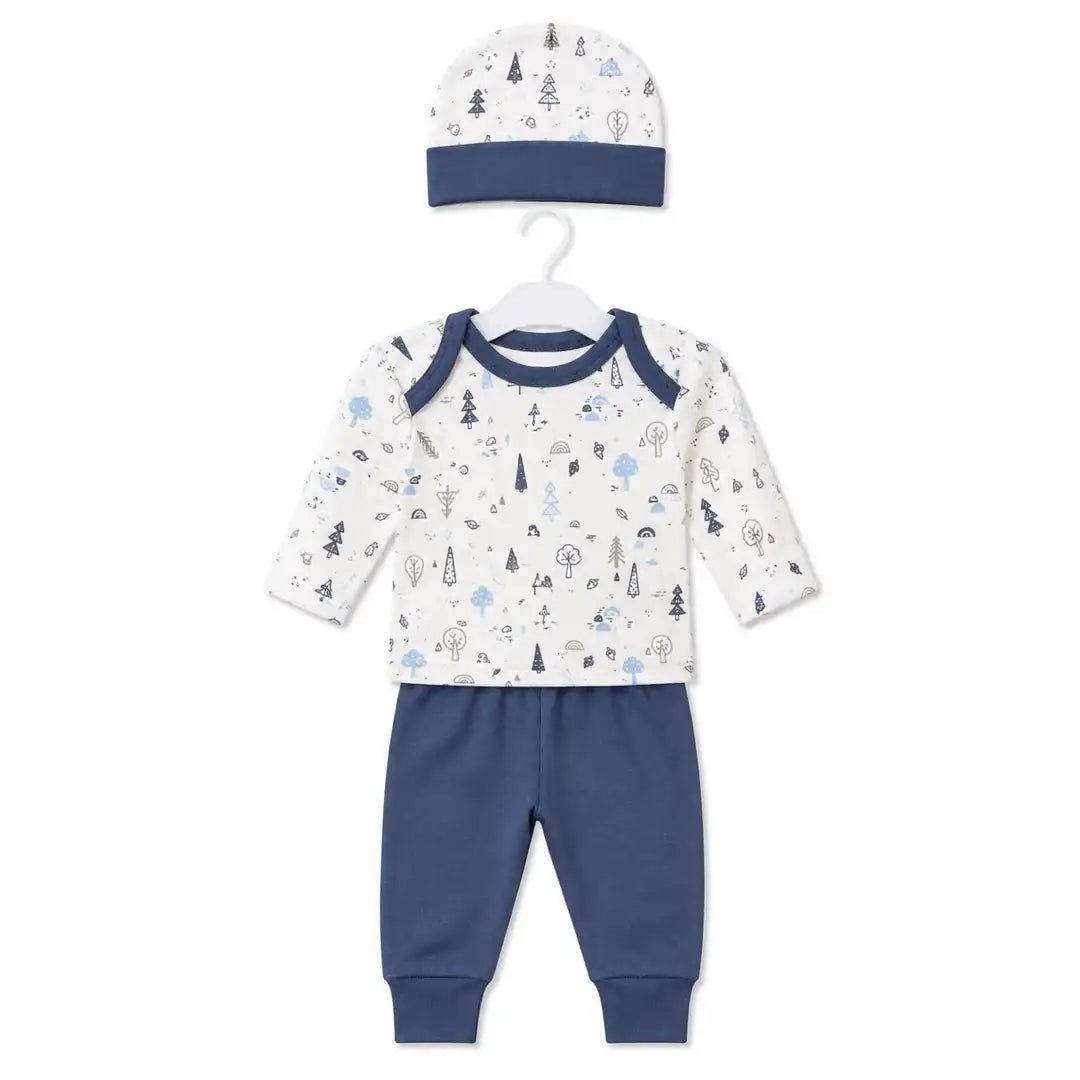 Navy blue baby 3 piece forest print clothing set with full sleeve printed shirt, pajama and cap