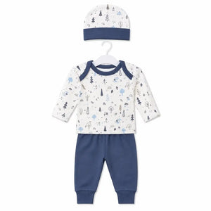 Navy blue baby 3 piece forest print clothing set with full sleeve printed shirt, pajama and cap