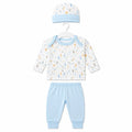 Sky blue baby 3 piece forest print clothing set with long sleeve shirt, matching pants and cap