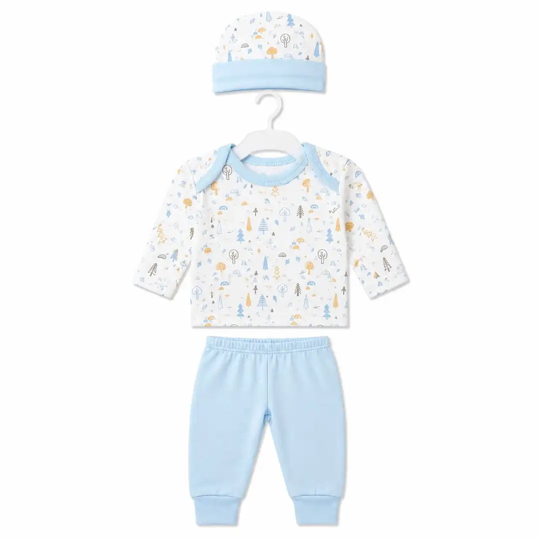 Sky blue baby 3 piece forest print clothing set with long sleeve shirt, matching pants and cap