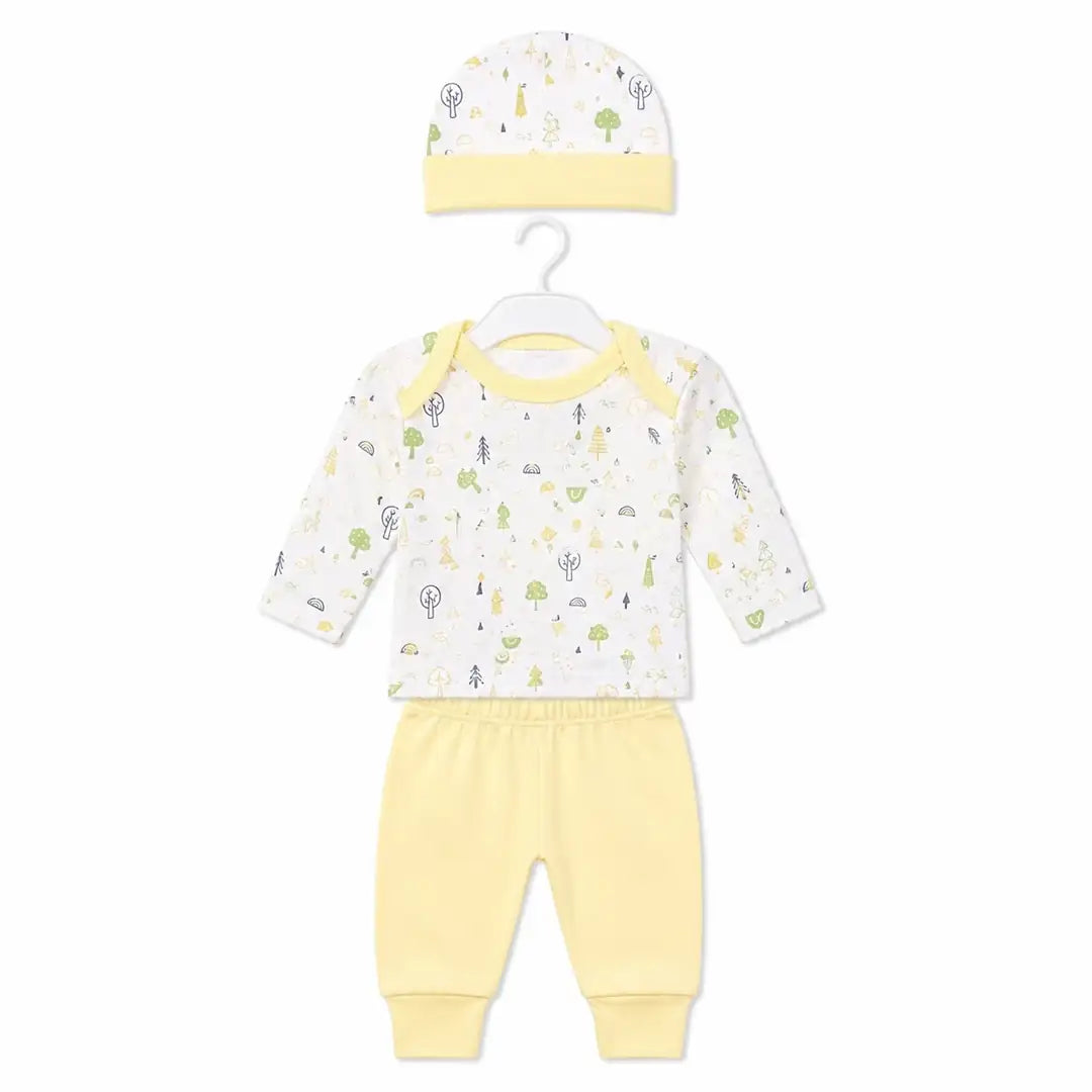 Yellow baby 3 piece forest print clothing set with full sleeve shirt, pajama and matching cap
