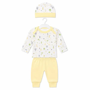 Yellow baby 3 piece forest print clothing set with full sleeve shirt, pajama and matching cap