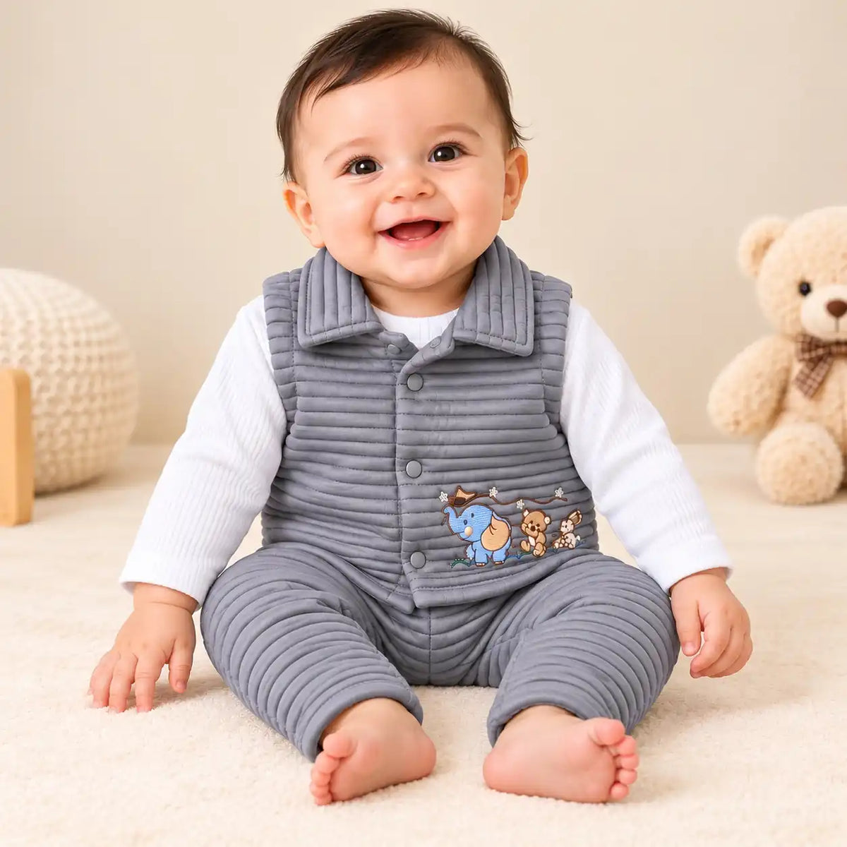 Baby Boy Wearing Grey 3 Piece Quilted Winter Vest, White Shirt and Matching Pajama Set