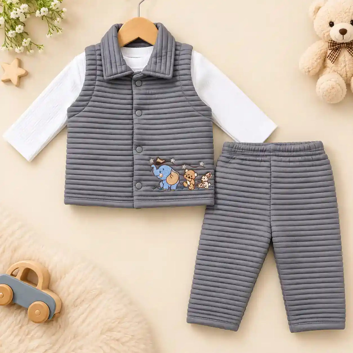 Baby Boys 3 Piece Grey Quilted Winter Suit with Sleeveless Vest, White Shirt and Pajama