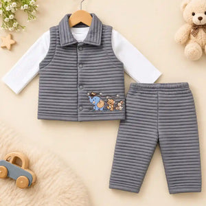 Baby Boys 3 Piece Grey Quilted Winter Suit with Sleeveless Vest, White Shirt and Pajama