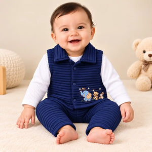 Baby Boy Wearing Navy Blue Quilted Winter Vest with Animal Embroidery, White Shirt and Matching Pajama