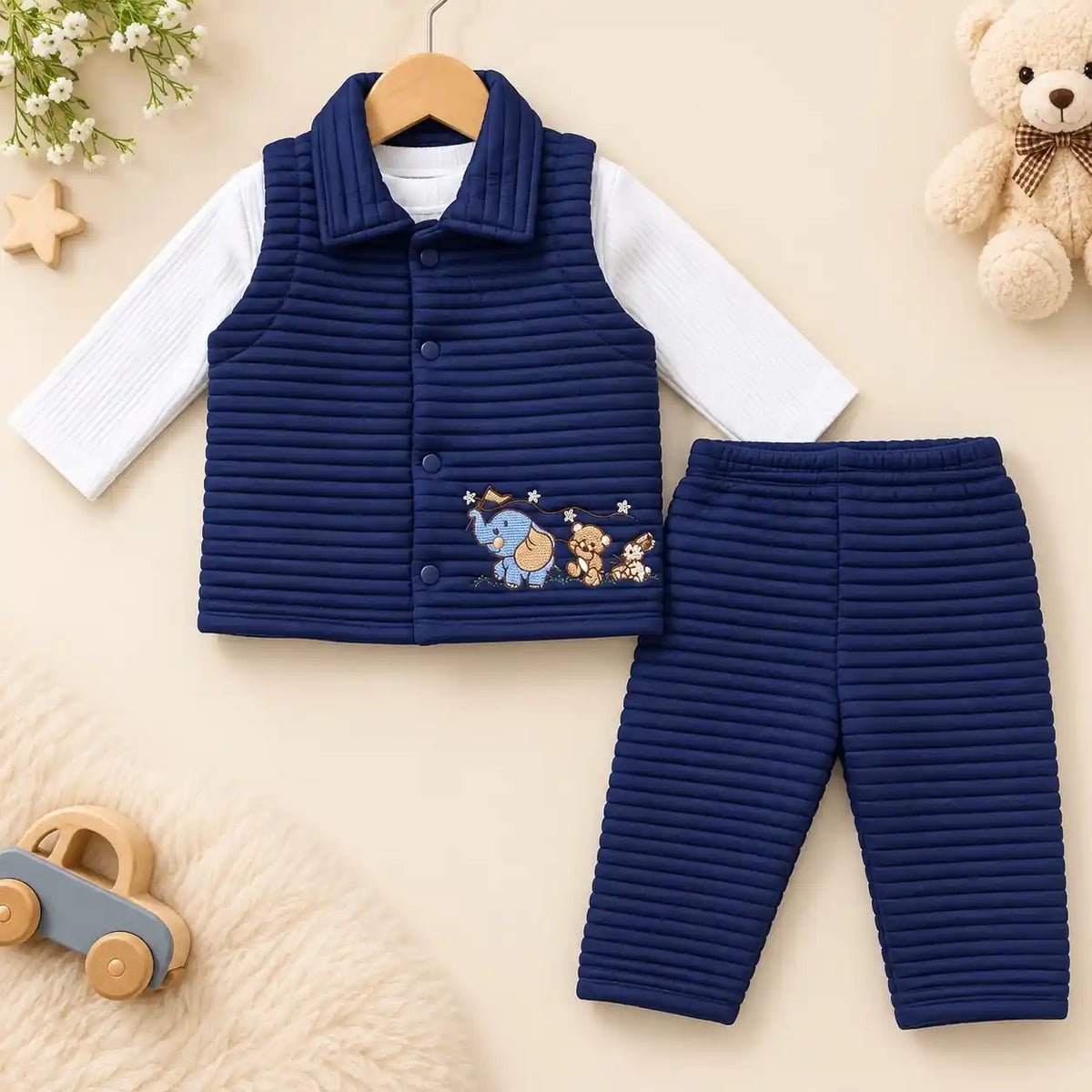 Baby Boys Navy Blue 3 Piece Quilted Winter Suit with Sleeveless Vest, White Shirt and Matching Pajama