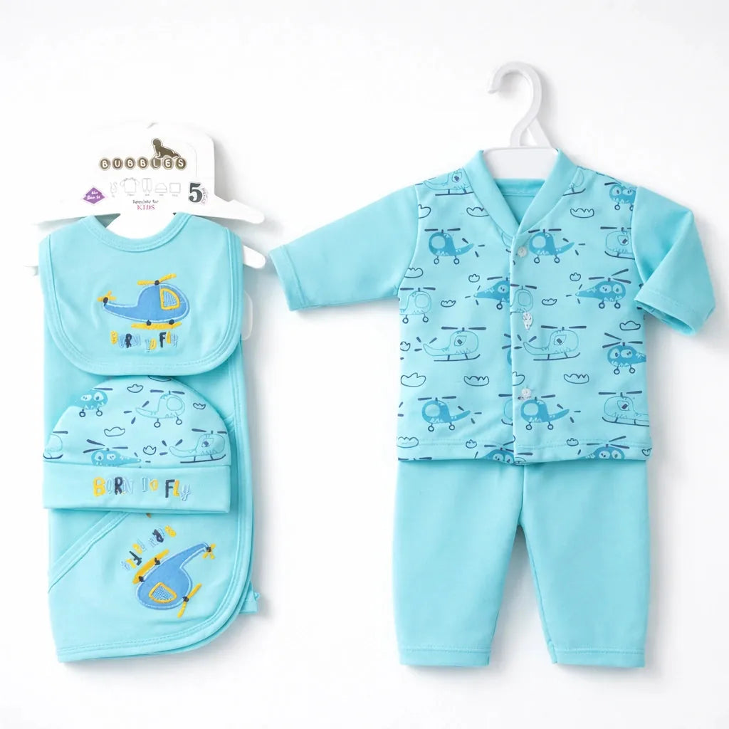 Born to Fly Baby Starter Set in Baby Blue with Helicopter Print