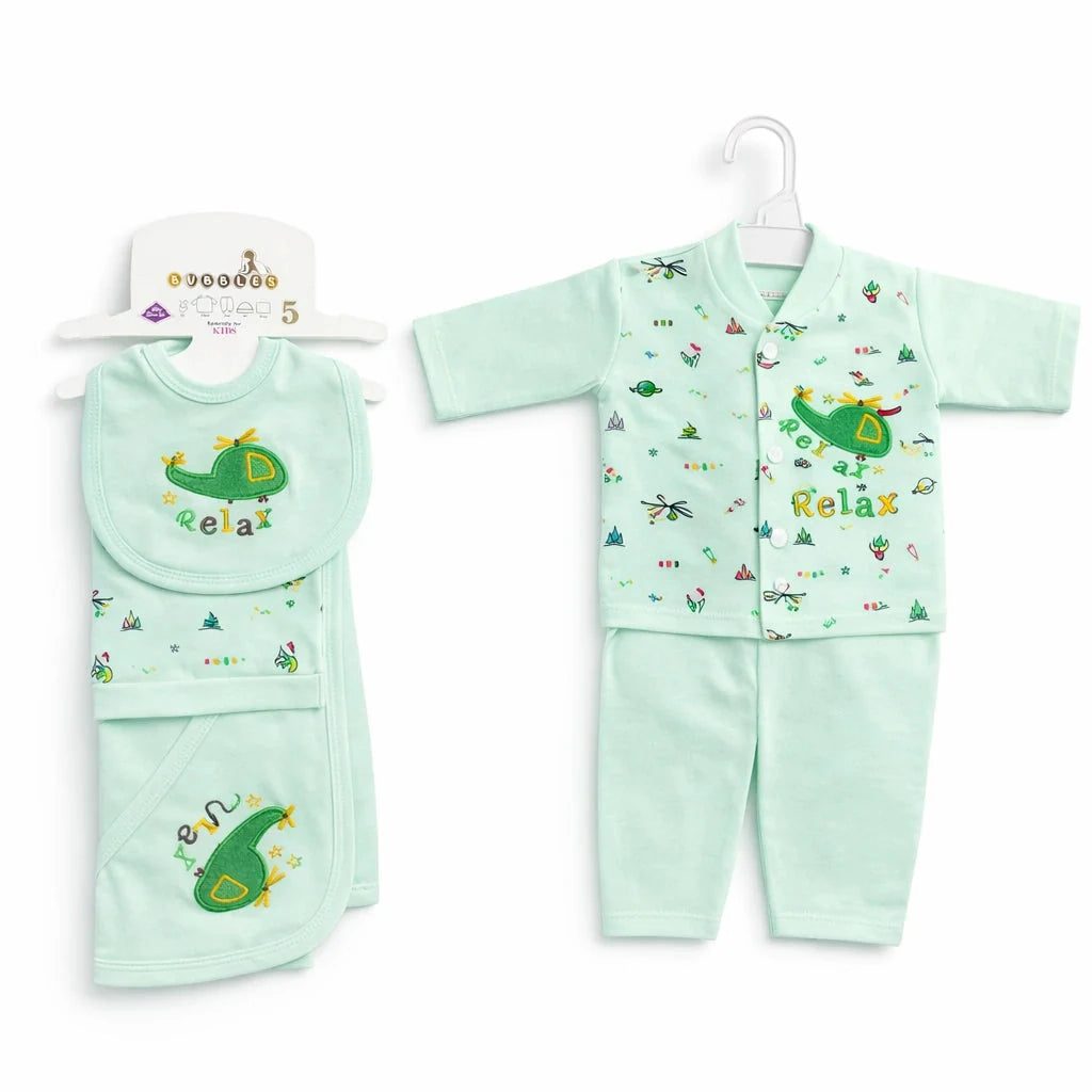 Relax Helicopter Baby Starter Set in Mint Green with Shirt Pajama Bib Cap and Wrapping Sheet