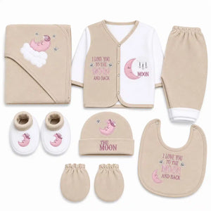 Beige and White 8 PCS Winter Polar Fleece Baby Set with shirt pant blanket bib hat mittens and booties