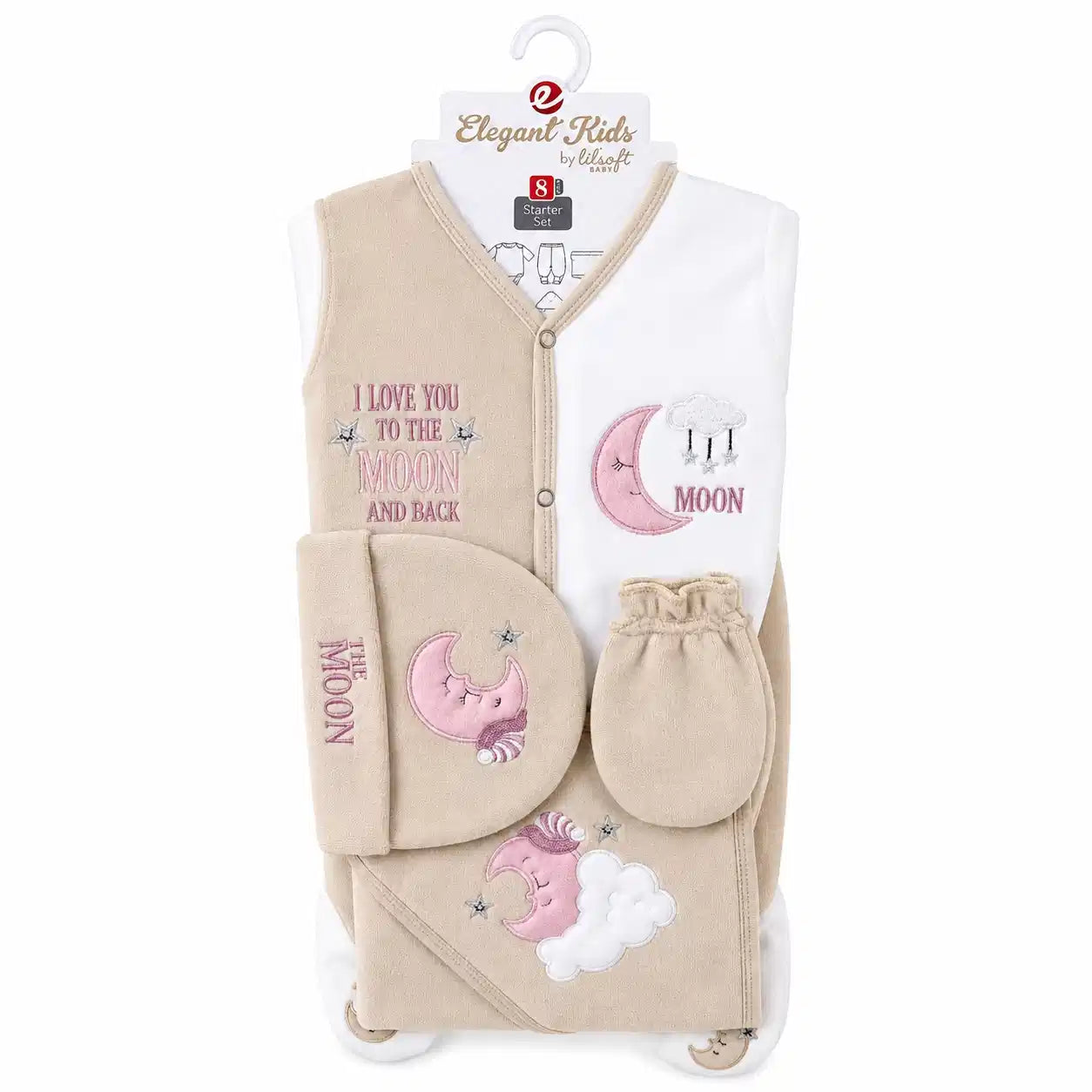 8 PCS Polar Fleece Winter Baby Starter Set Moon and Stars Beige and White with hanger