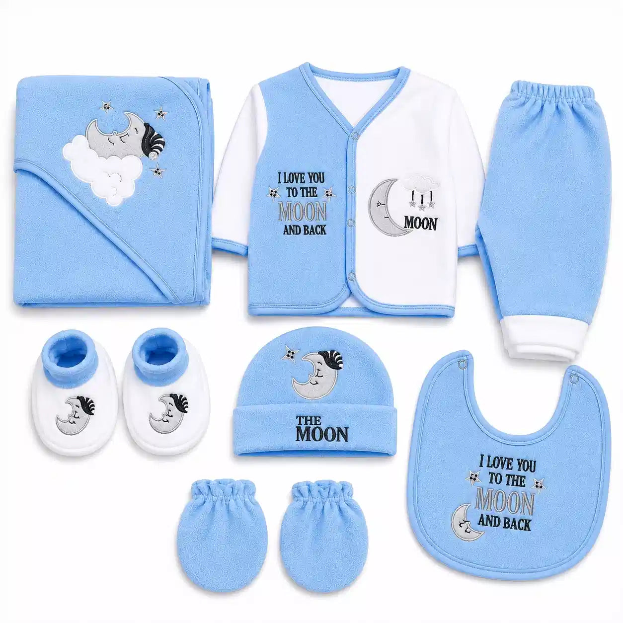 Sky Blue and White 8 PCS Winter Polar Fleece Baby Set with shirt pant blanket bib hat mittens and booties