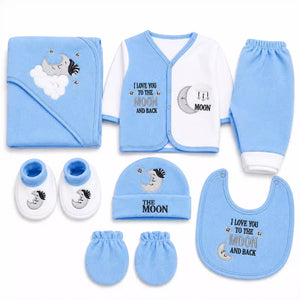 Sky Blue and White 8 PCS Winter Polar Fleece Baby Set with shirt pant blanket bib hat mittens and booties