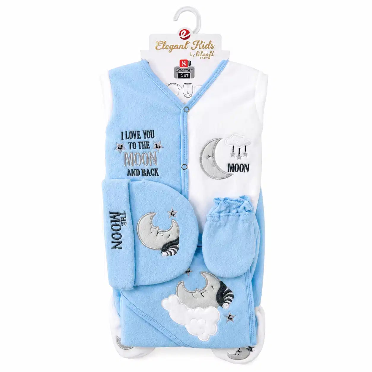 8 PCS Polar Fleece Winter Baby Starter Set Moon and Stars Sky Blue and White with hanger