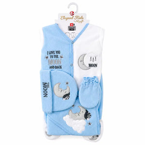 8 PCS Polar Fleece Winter Baby Starter Set Moon and Stars Sky Blue and White with hanger