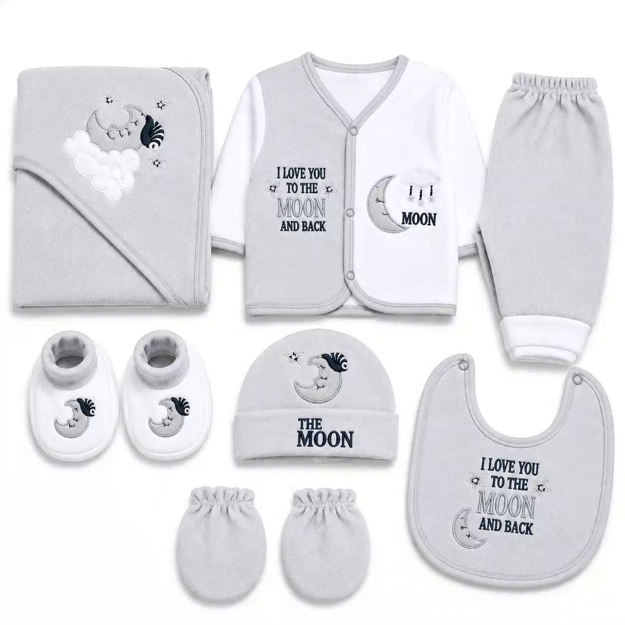8 PCS Grey Polar Fleece Baby Starter Set with blanket shirt pant bib hat mittens and booties