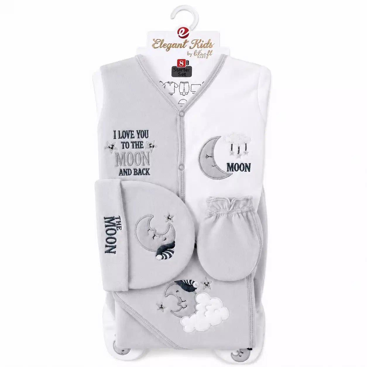 Grey and White 8 PCS Polar Fleece Winter Baby Set with Moon and Stars design