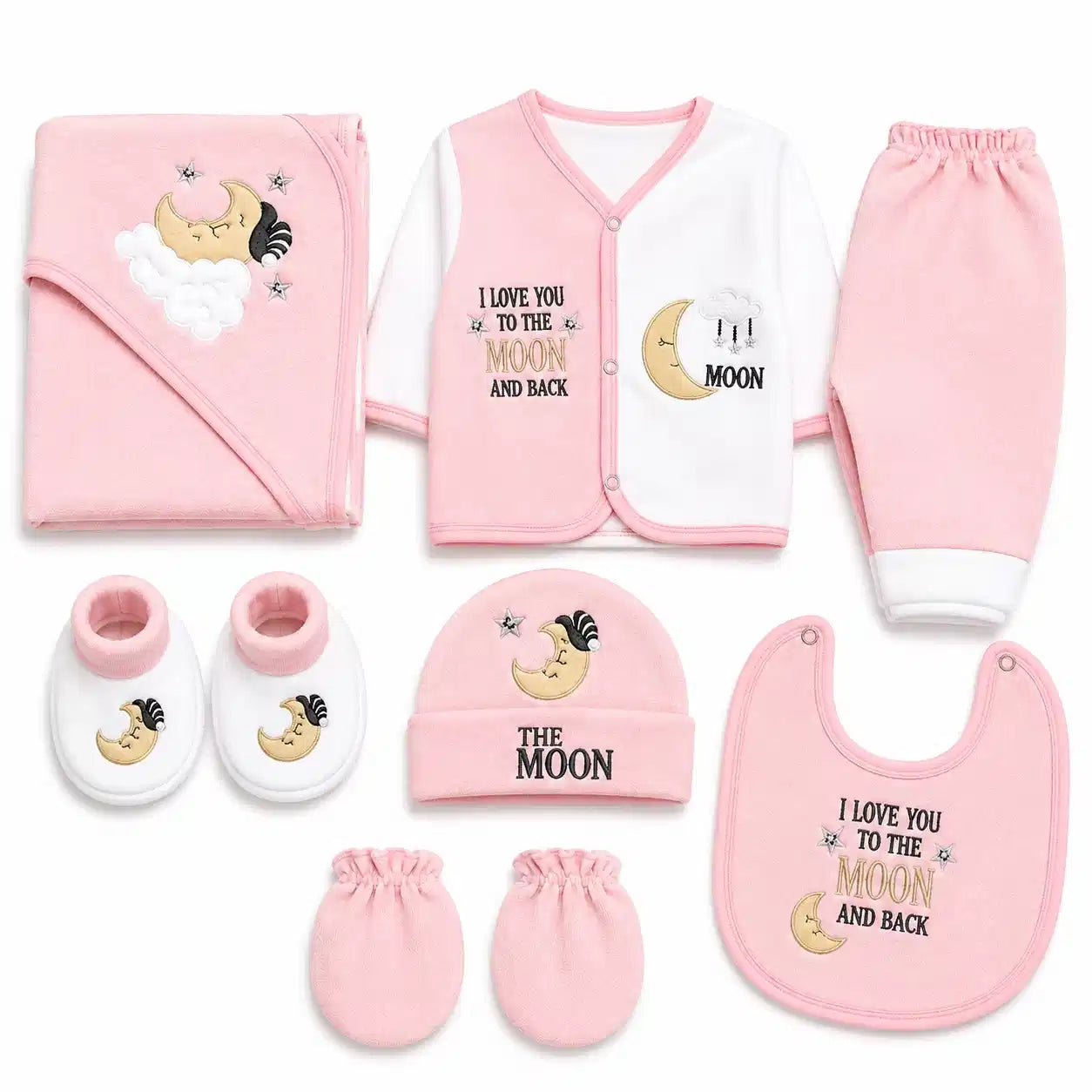 Baby Pink and White 8 PCS Winter Polar Fleece Baby Set with shirt pant blanket bib hat mittens and booties