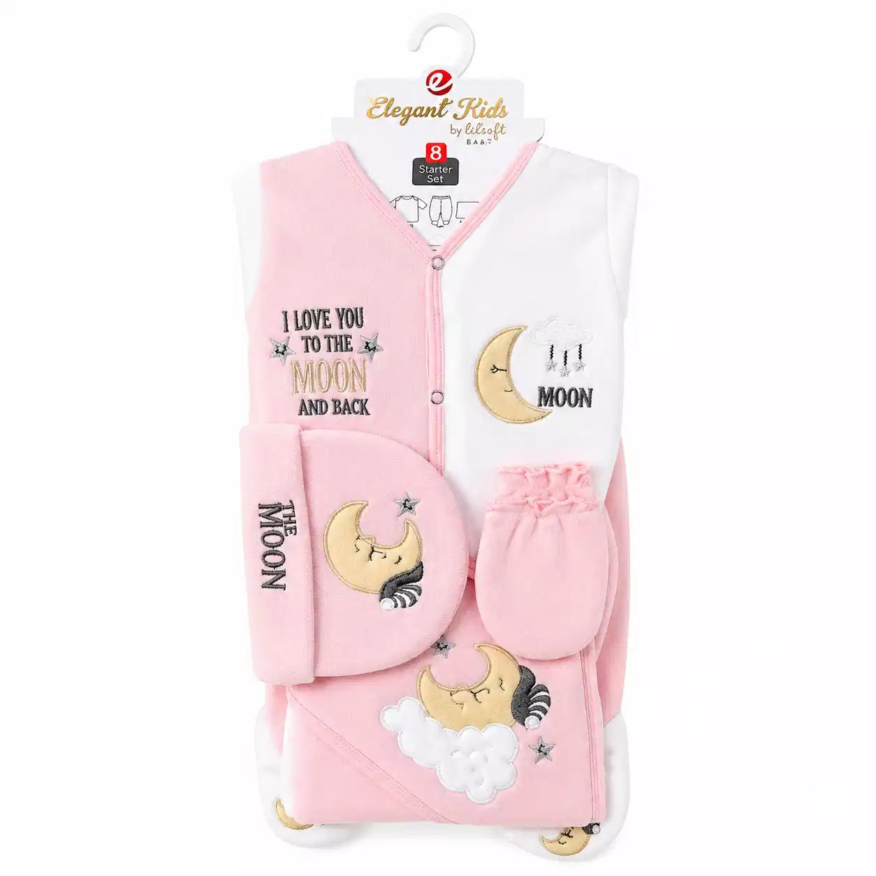 8 PCS Polar Fleece Winter Baby Starter Set Moon and Stars Baby Pink and White with hanger