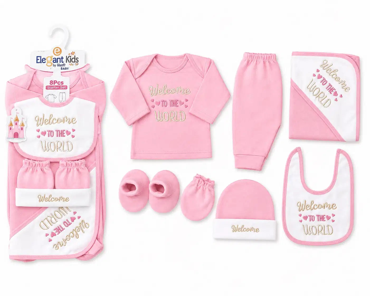 Baby Pink and White 8 PCS Winter Polar Fleece Baby Set with T-shirt pant wrapping sheet bib cap mittens and booties