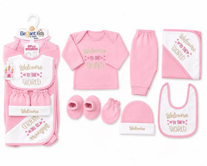 Baby Pink and White 8 PCS Winter Polar Fleece Baby Set with T-shirt pant wrapping sheet bib cap mittens and booties