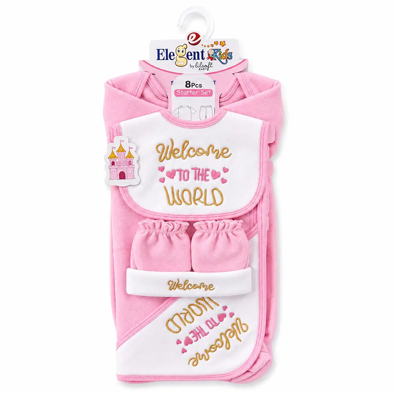 8 PCS Winter Polar Fleece Baby Starter Set Baby Pink and White Welcome to the World