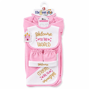 8 PCS Winter Polar Fleece Baby Starter Set Baby Pink and White Welcome to the World