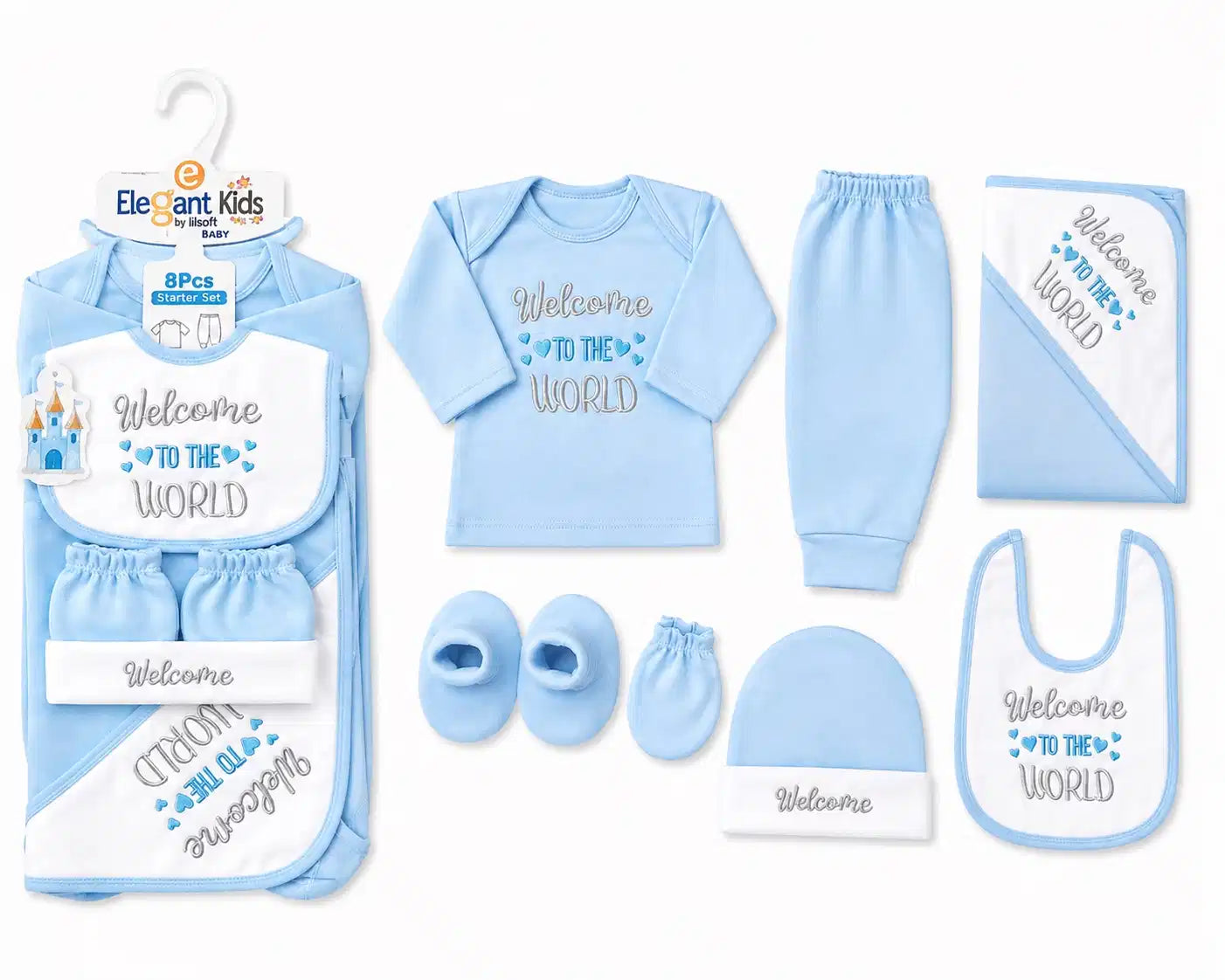 Sky Blue and White 8 PCS Winter Polar Fleece Baby Set with T-shirt pant wrapping sheet bib cap mittens and booties