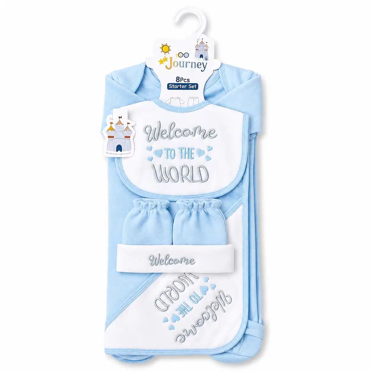 8 PCS Winter Polar Fleece Baby Starter Set Sky Blue and White Welcome to the World