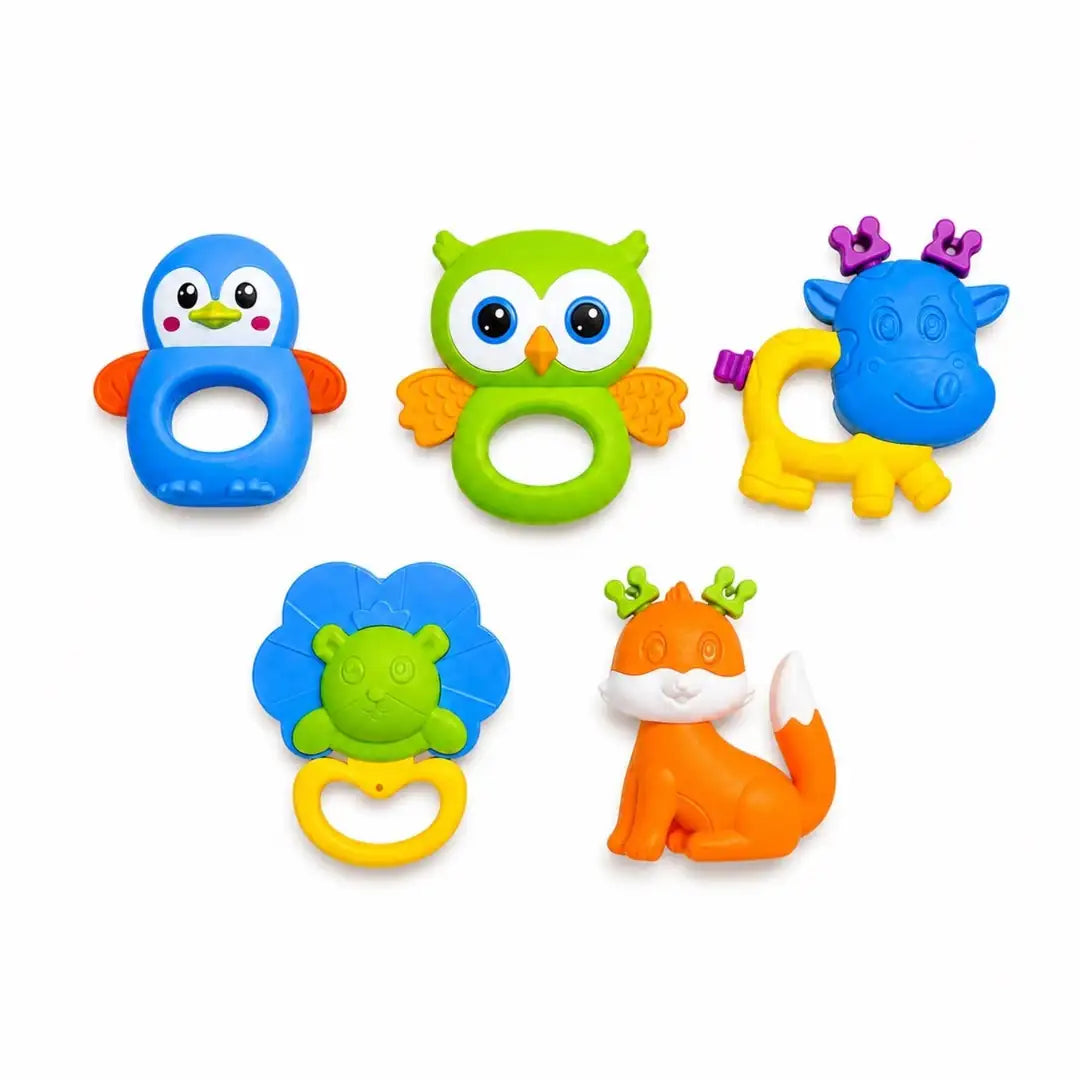 Colorful animal shaped baby teether and rattle toys with penguin, owl, deer, lion and fox designs