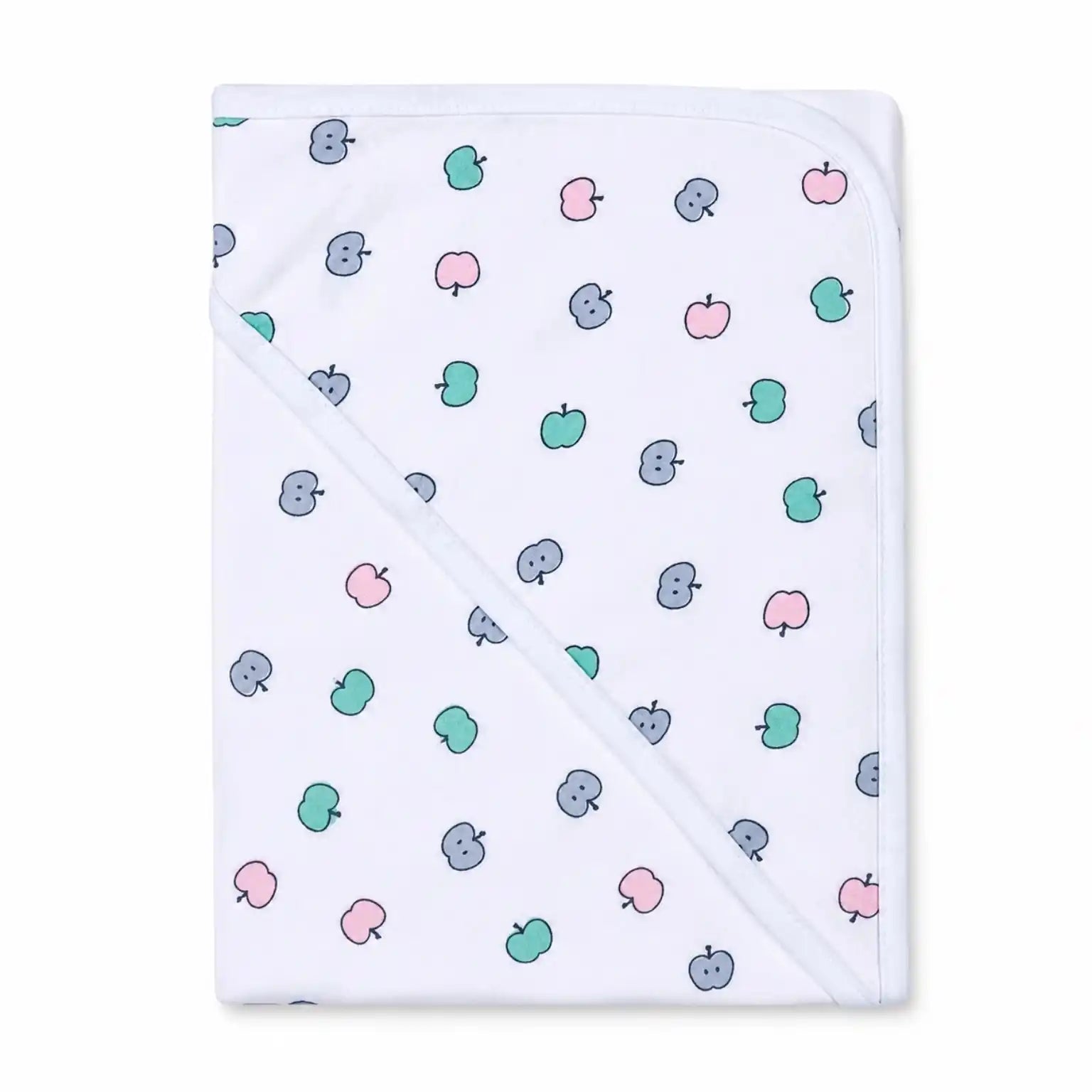 Baby wrapping sheet with multicolor apple print and white border for newborns and infants