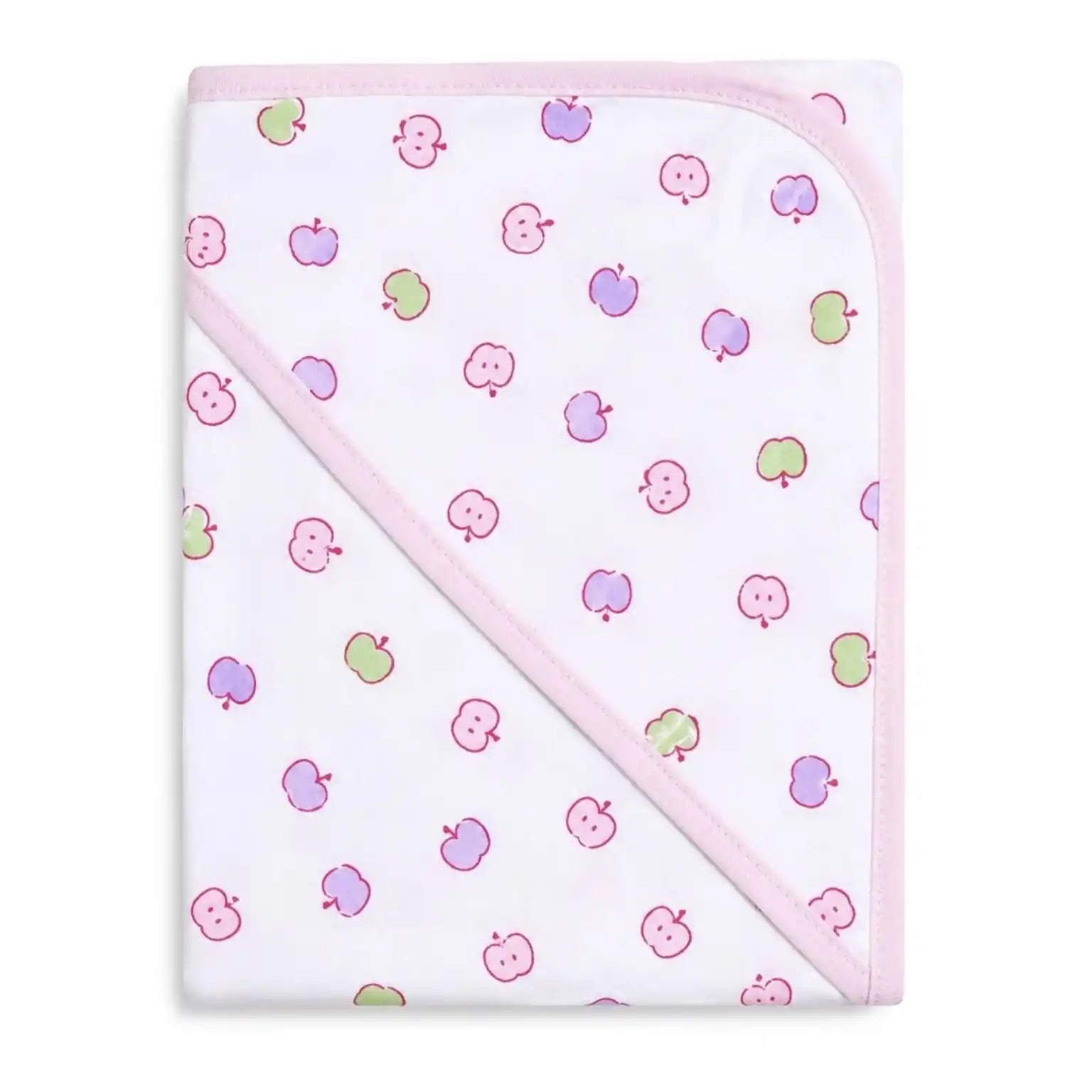 Baby wrapping sheet with pink border and colorful apple print for newborns and infants