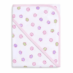 Baby wrapping sheet with pink border and colorful apple print for newborns and infants