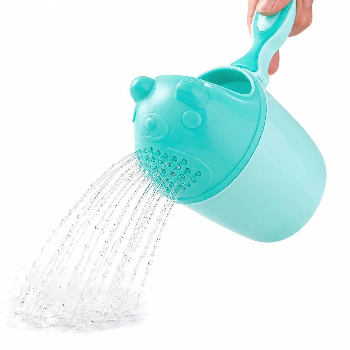 Mint green baby bath shower rinse cup with water flow