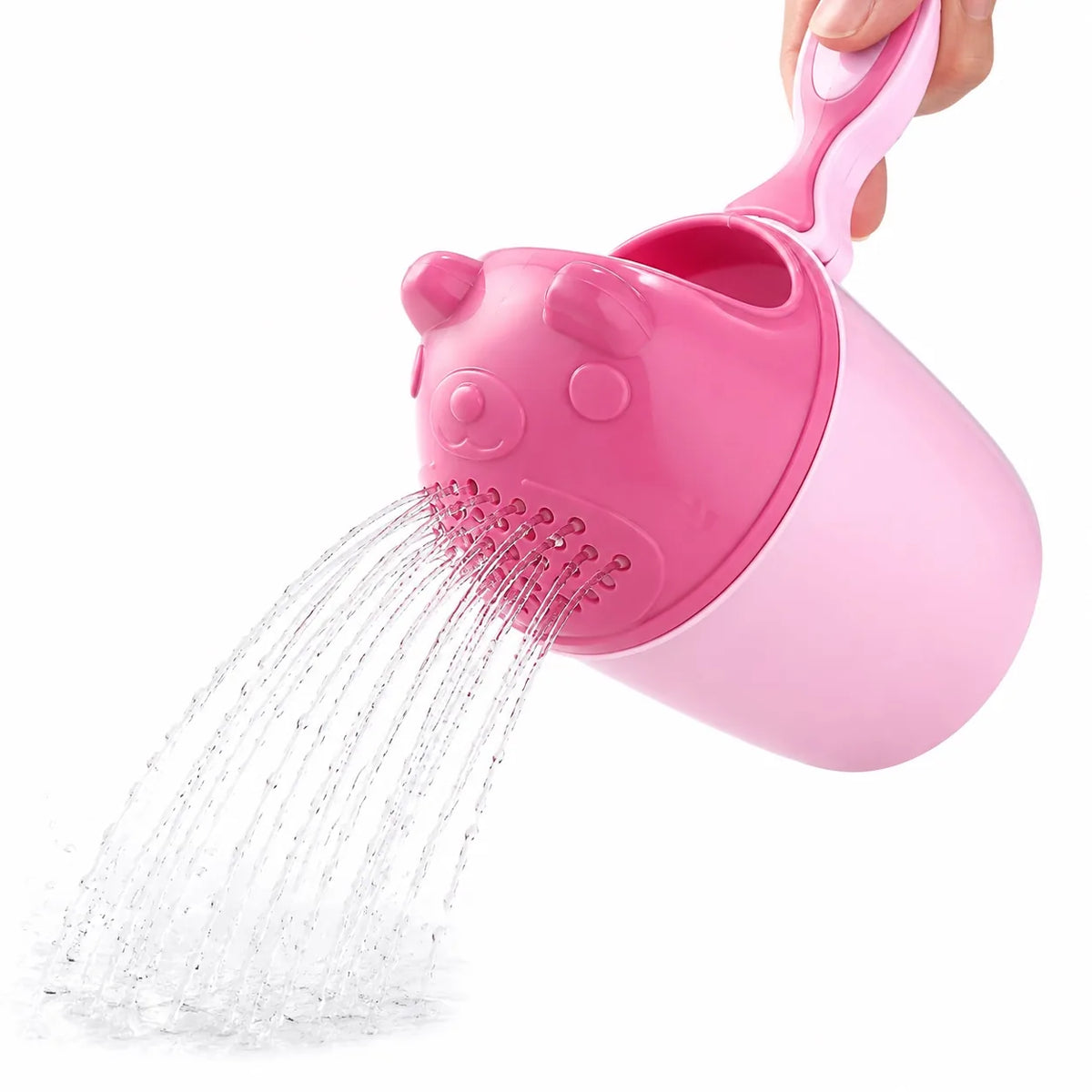 Pink baby bath shower rinse cup with water flow