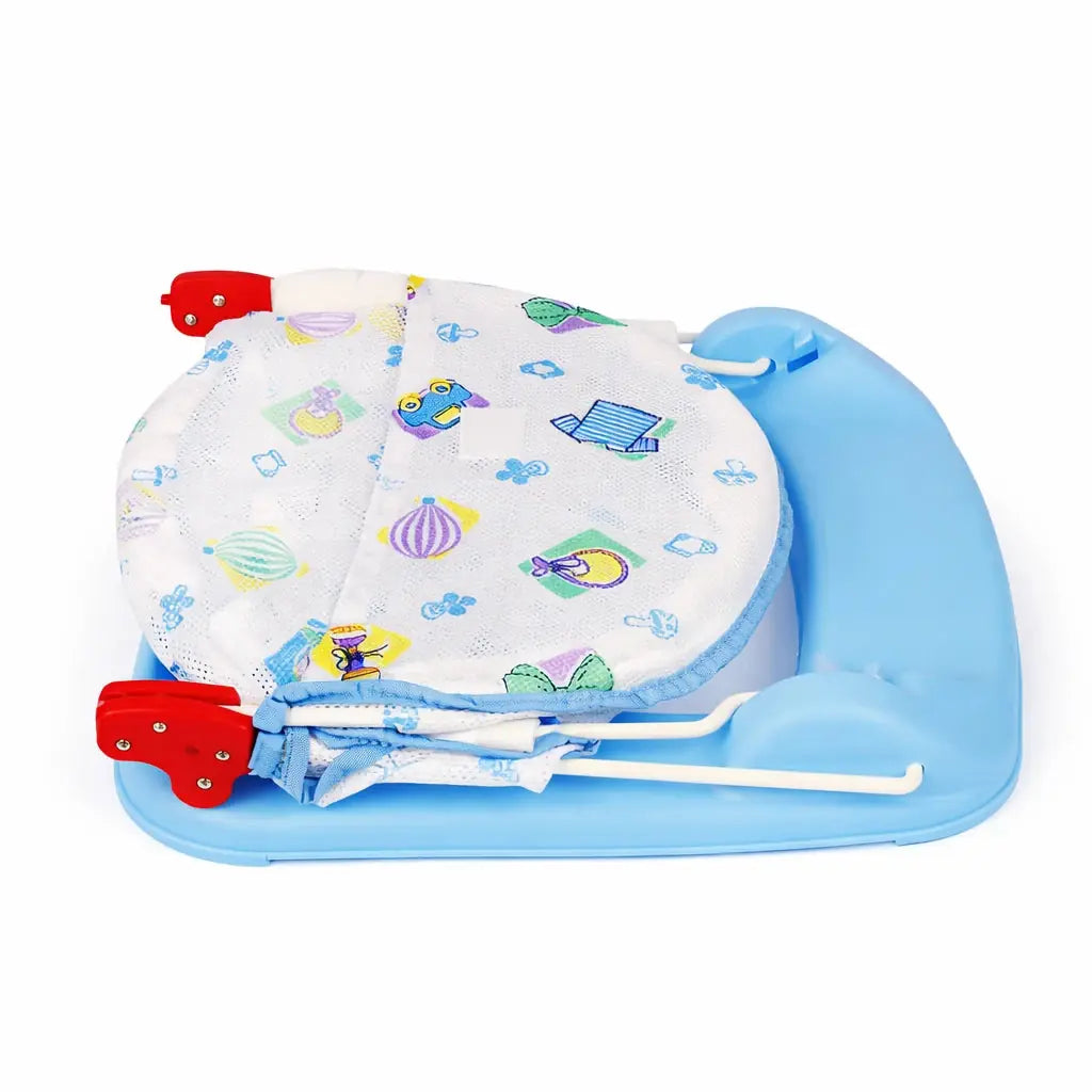 Foldable baby bath support seat with blue base shown in folded position