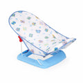 Baby bath support seat with blue base and printed fabric in open position