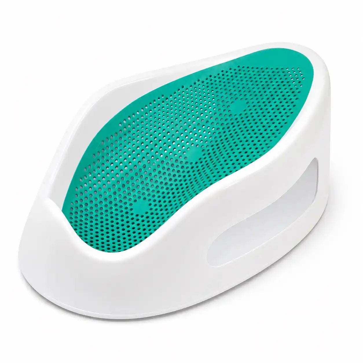 Green baby bath support seat with perforated bathing insert