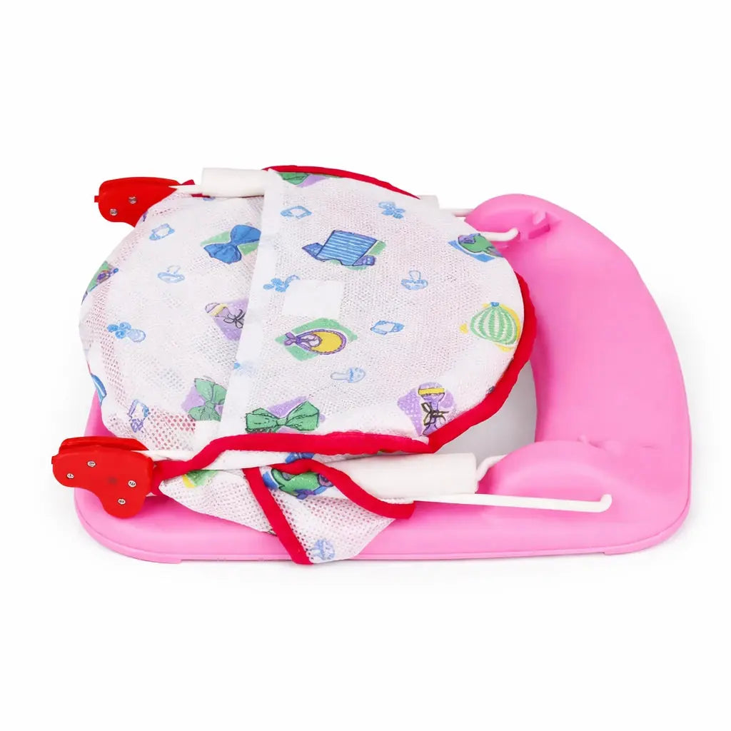 Foldable baby bath support seat with pink base shown in folded position