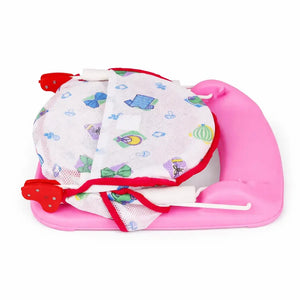 Foldable baby bath support seat with pink base shown in folded position