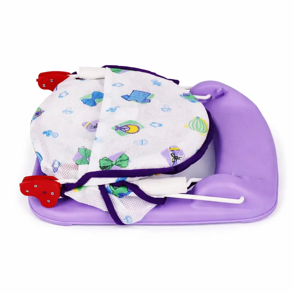 Foldable baby bath support seat with purple base shown in folded position