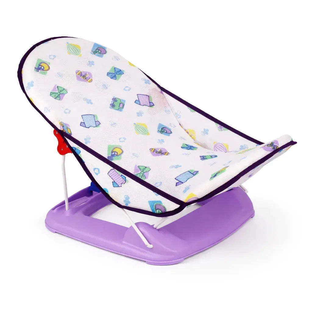 Baby bath support seat with purple base and printed fabric in open position