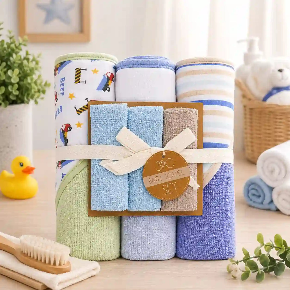 Premium Baby Hooded Towel Set with 3 Microfiber Hooded Towels and 3 Matching Wash Cloths