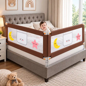 Baby bed safety rails in brown with mesh panels installed on two sides of bed