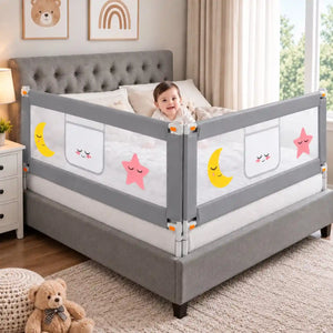 Grey baby bed safety rails with mesh panels installed on two sides of bed