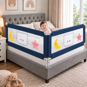 Navy blue baby bed safety rails with mesh panels installed on two sides of bed