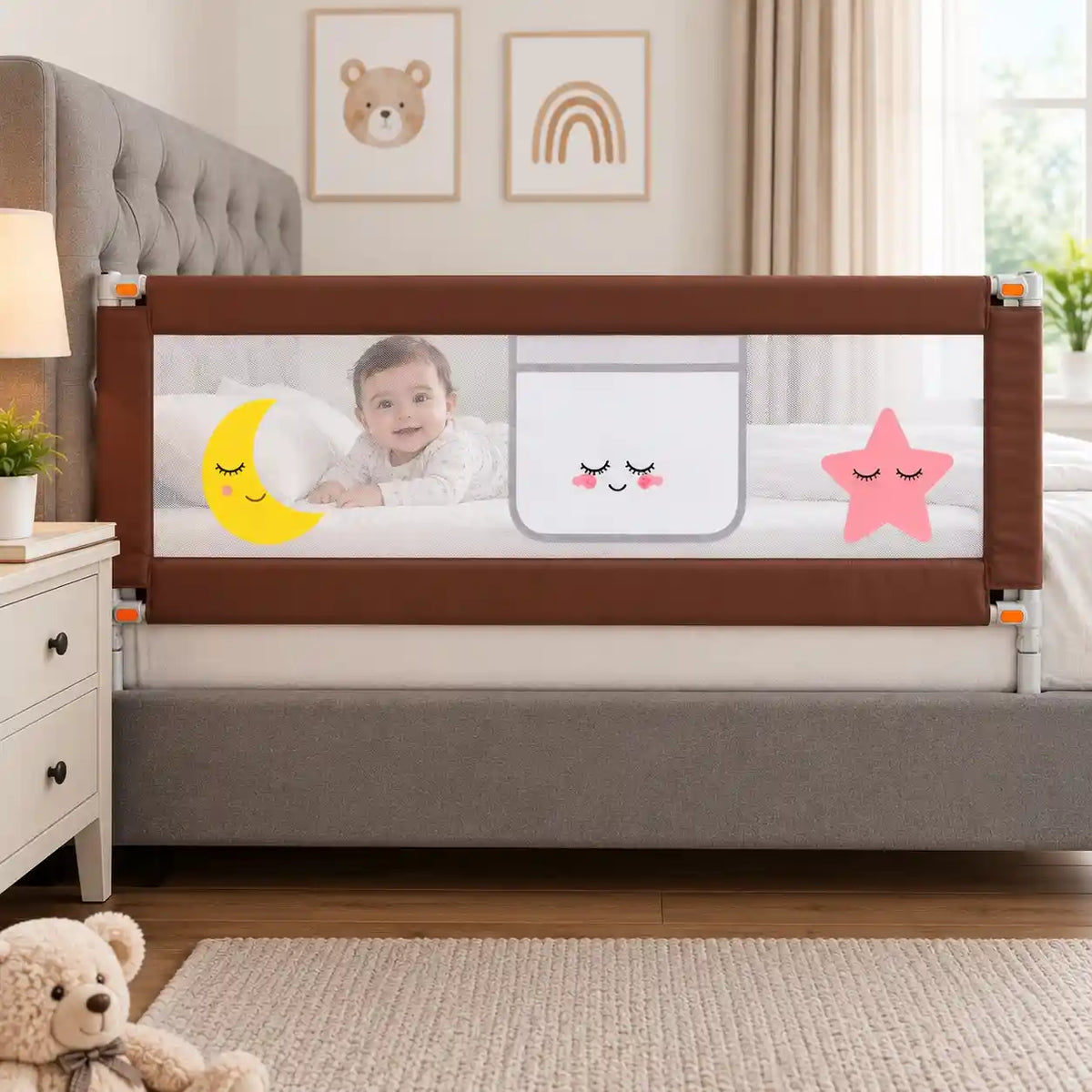 Brown baby bed safety rail with breathable mesh panel installed on bedside