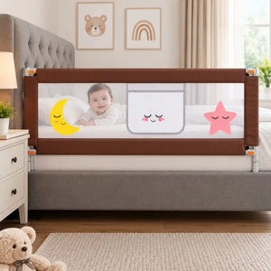 Brown baby bed safety rail with breathable mesh panel installed on bedside