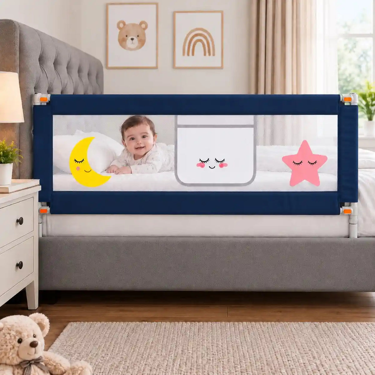 Navy blue baby bed safety rail with breathable mesh panel installed on bedside