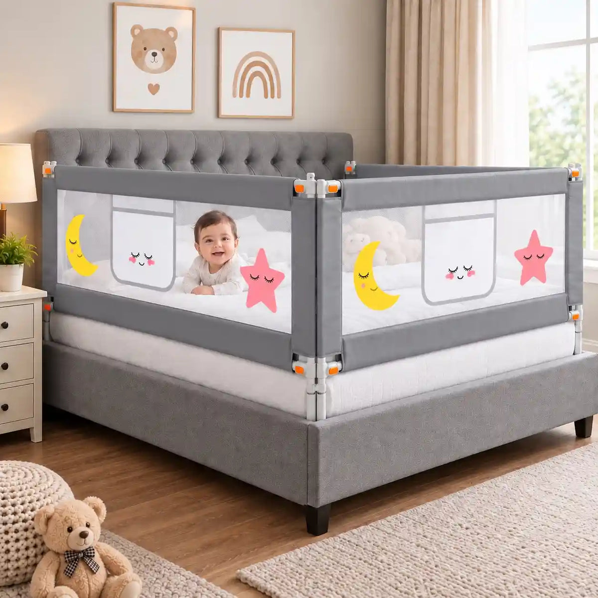 Grey 3-side baby bed safety rails with breathable mesh guard for child bed protection